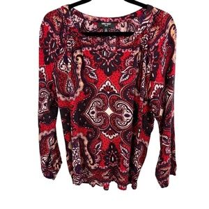 Nine West Jeans Red Paisley Long Sleeve V-Neck Blouse Size Medium